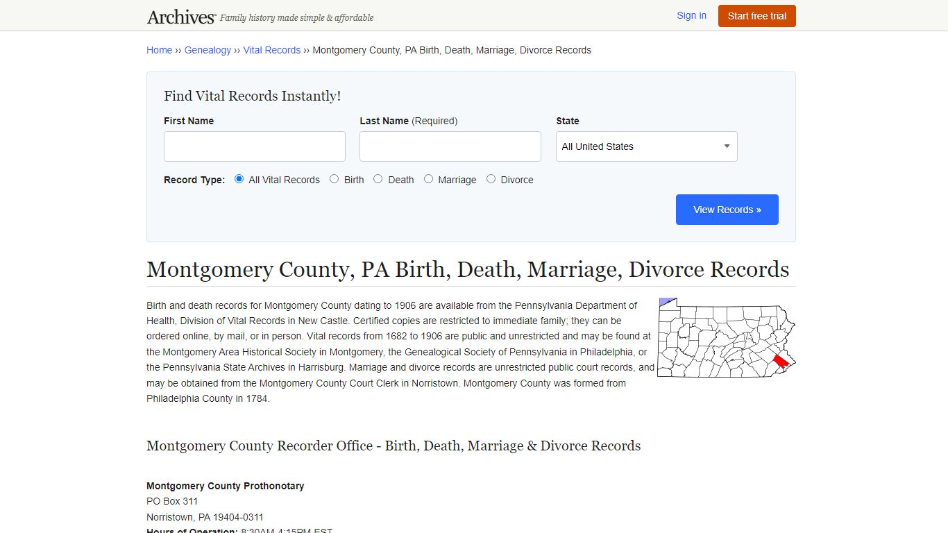 Montgomery County, PA Birth, Death, Marriage, Divorce Records